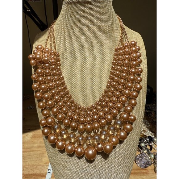 Gold Tone Multi-Layered Faux Pearl Statement Necklace With Clear Beads & Adjusta - Picture 3 of 9